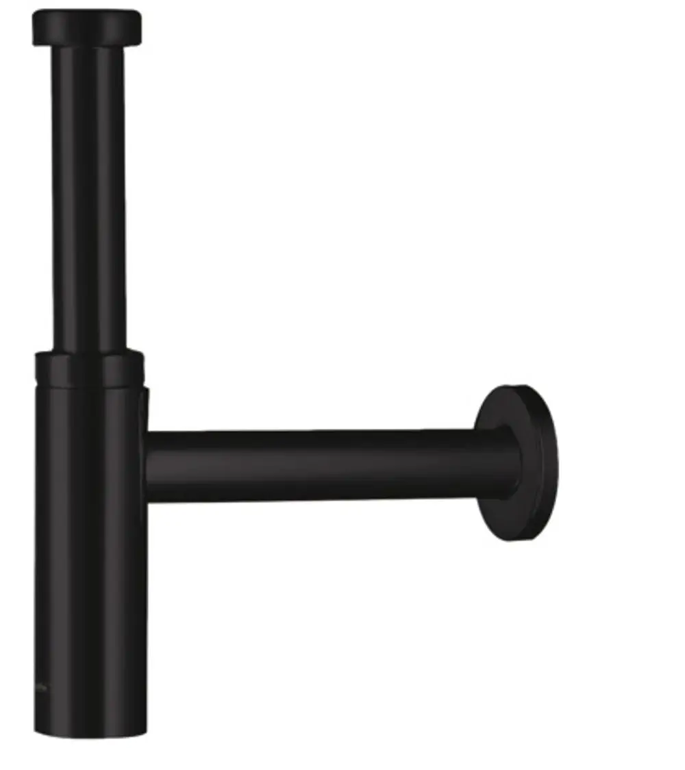 Siphon in mattschwarz von Hansgrohe mit einem geraden, zylindrischen Design und horizontalem Abflussrohr.